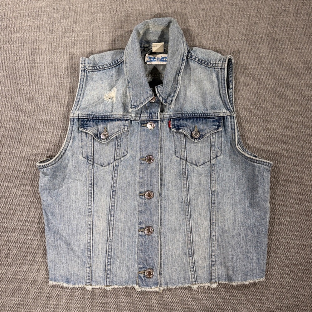 Levi's Denim Trucker Vest Women Large Light Blue Good Distressed Raw Hem